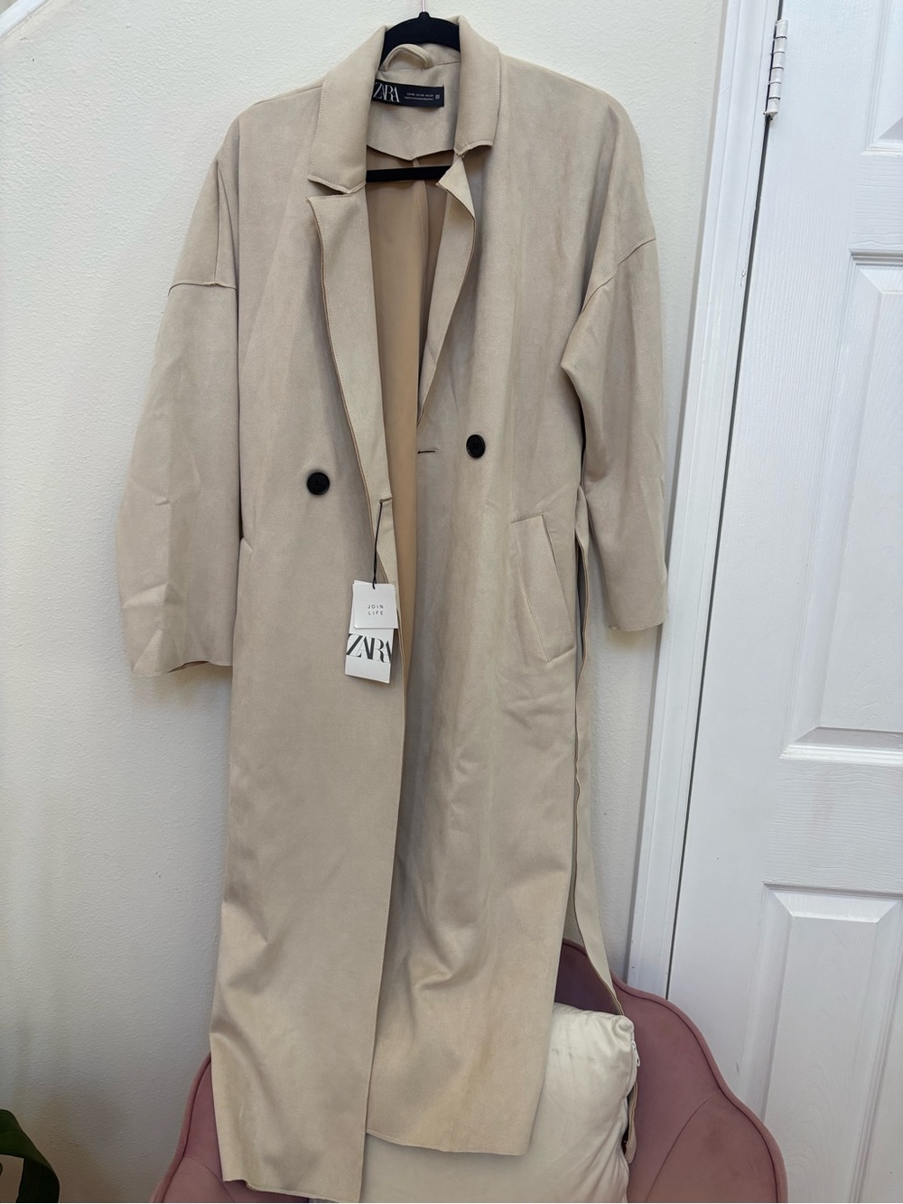 Zara Light Beige Long Trench Coat with Black Buttons